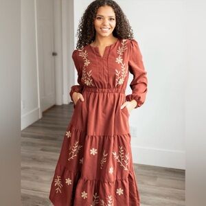 HAYDEN Terracotta Boho Cottagecore Floral Embroidered Tiered Long Sleeve Dress